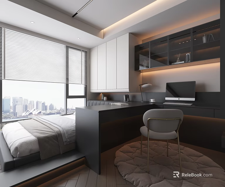 Modern Tatami Bedroom Interior With Tatami Bed Window City View Desk Chair And Cabinets 3d model 