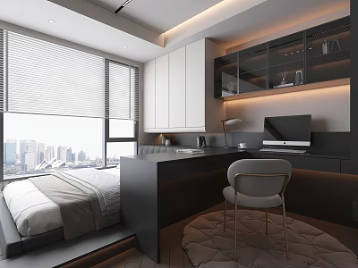 Modern Tatami Bedroom Interior With Tatami Bed Window City View Desk Chair And Cabinets 3d model