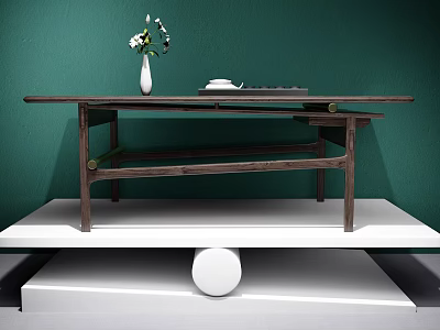 Minimalist Wooden Tea Table and Chairs Featuring Flower Vase and Tea Set Against Green Wall 3d model