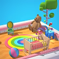 Cartoon Play Area With Teddy Bear Baby Crib Rainbow Rug Small Furniture And Colorful Ball