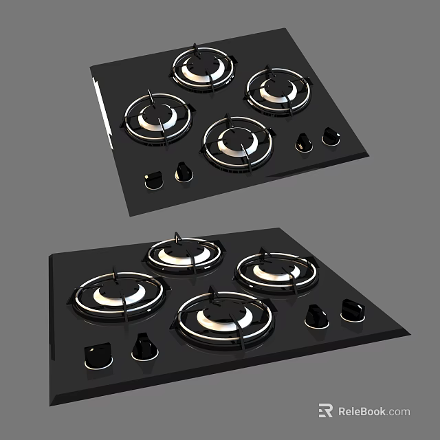 Black Kitchen Gas Cooktops With Four Burners And Control Knobs 3d model