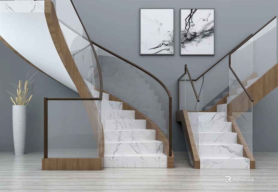 Modern Spiral Staircase With Marble Steps Glass Railings Wall Paintings And Wooden Floor 3d model 