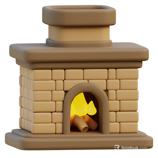 Decorative Cartoon Style Brick Fireplace With Burning Wood And Warm Flame 3d model 