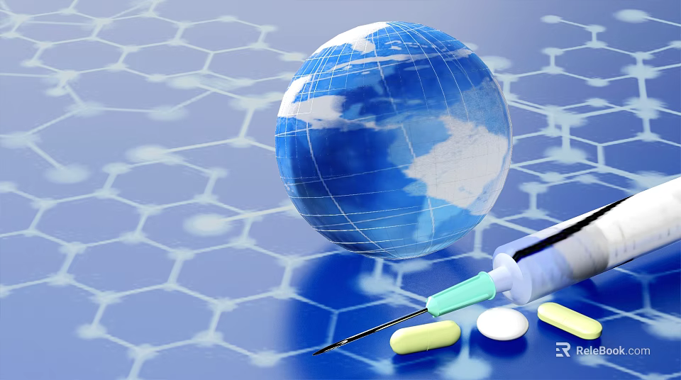 Advanced Global Medical Business Equipment With Syringe Pills Hexagonal Tech Design 3d model 