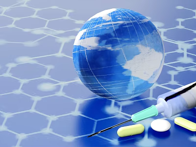 Advanced Global Medical Business Equipment With Syringe Pills Hexagonal Tech Design 3d model