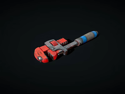 Red and Silver Pipe Wrench Hardware Tool with Blue and Gray Handle on Black Background 3d model