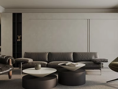 Modern Living Room Interior With Black Leather Sofa And Round Coffee Tables 3d model