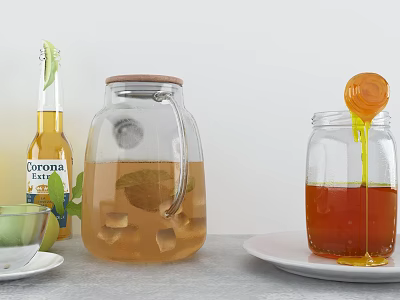 Refreshing Summer Drinks Including Corona Extra Beer Iced Lemon Tea And Honey 3d model