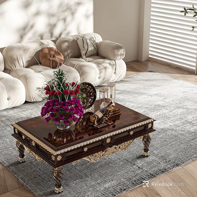 Dark Brown Coffee Table With Gold Accents Purple Flowers Clock And Hourglass In Living Room 3d model 