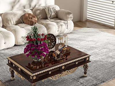 Dark Brown Coffee Table With Gold Accents Purple Flowers Clock And Hourglass In Living Room 3d model