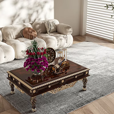 Dark Brown Coffee Table With Gold Accents Purple Flowers Clock And Hourglass In Living Room 3d model