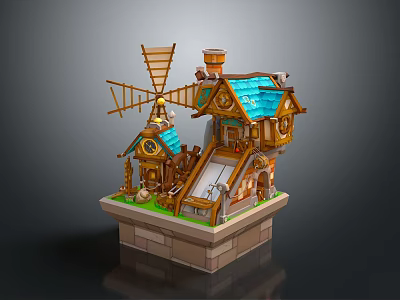 Detailed Fairy Tale Cottage Model With Windmill Blue Roof Wooden Structure Chimney And Staircase 3d model