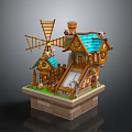 Detailed Fairy Tale Cottage Model With Windmill Blue Roof Wooden Structure Chimney And Staircase