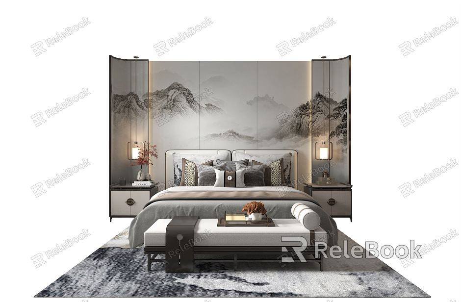 New Chinese background double bed bed background wall model