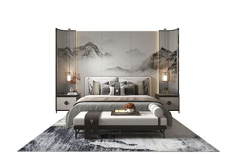 New Chinese background double bed background wall 3d model