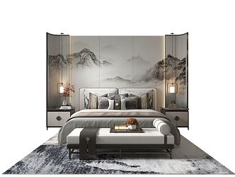 New Chinese background double bed background wall 3d model