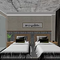 Warm Rustic Industrial Hotel Guest Room With Double Beds Handmade Wooden Furniture And Private Bathroom