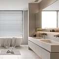 Modern Bathroom Interior Design With Freestanding Bathtub Double Sink Vanity And Window Blinds