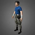 A Stylish Man Wearing Blue T shirt Camouflage Pants Black Boots With Waist Pack And Wristbands