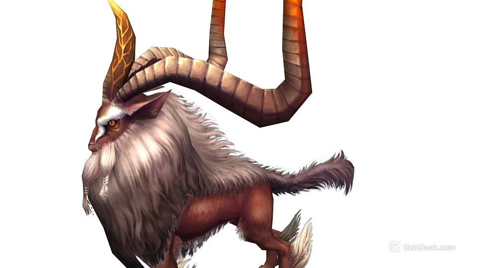 Mythical Creature With Long Curved Horns Shaggy Fur And Brown White Body 3d model 