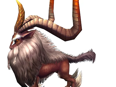 Mythical Creature With Long Curved Horns Shaggy Fur And Brown White Body 3d model