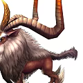 Mythical Creature With Long Curved Horns Shaggy Fur And Brown White Body