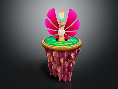 Fantasy Game Movie Character With Pink Wings And Flame Standing On Green Rock Platform Base 3d model