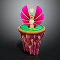 Fantasy Game Movie Character With Pink Wings And Flame Standing On Green Rock Platform Base