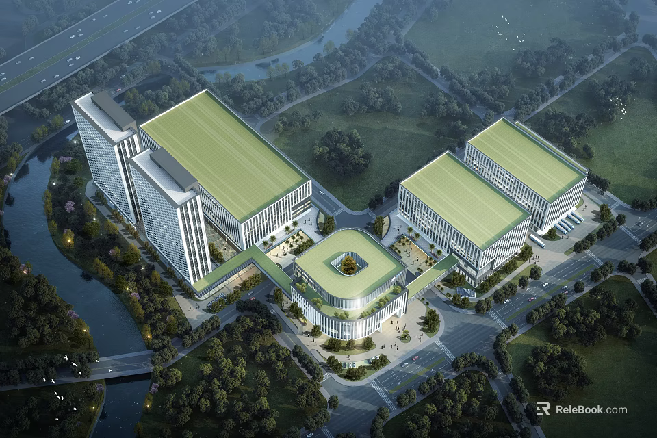 Modern Industrial Plant Complex with Green Roofs Surrounded by Greenery River and Roads 3d model 