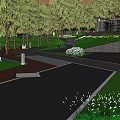 Residential Landscape With Walking Path Yellow Flowers Green Lawn And Trees