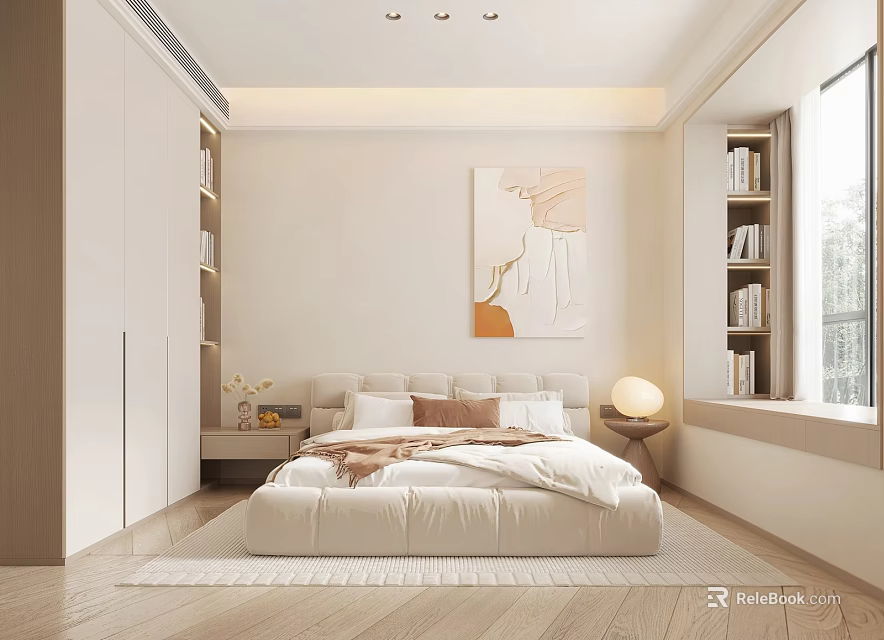 Modern Bedroom Interior Design With Large Bed Nightstand Artwork Wardrobe And Window 3d model