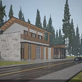 Two Story Cottage Building With Stone Walls And Wooden Facade Surrounded By Tall Trees
