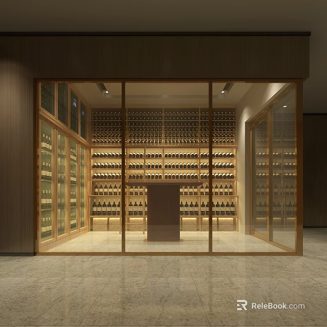 Modern Elegant Wine Cellar Interior With Glass Doors Wooden Racks And Neatly Arranged Wine Bottles 3d model 