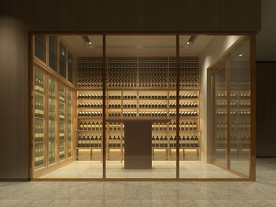 Modern Elegant Wine Cellar Interior With Glass Doors Wooden Racks And Neatly Arranged Wine Bottles 3d model