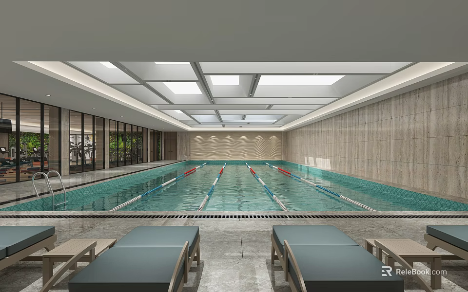Modern Indoor Swimming Pool Interior Design With Large Windows Blue Tiles And Loungers 3d model 