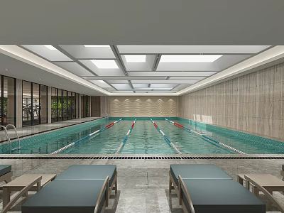 Modern Indoor Swimming Pool Interior Design With Large Windows Blue Tiles And Loungers 3d model