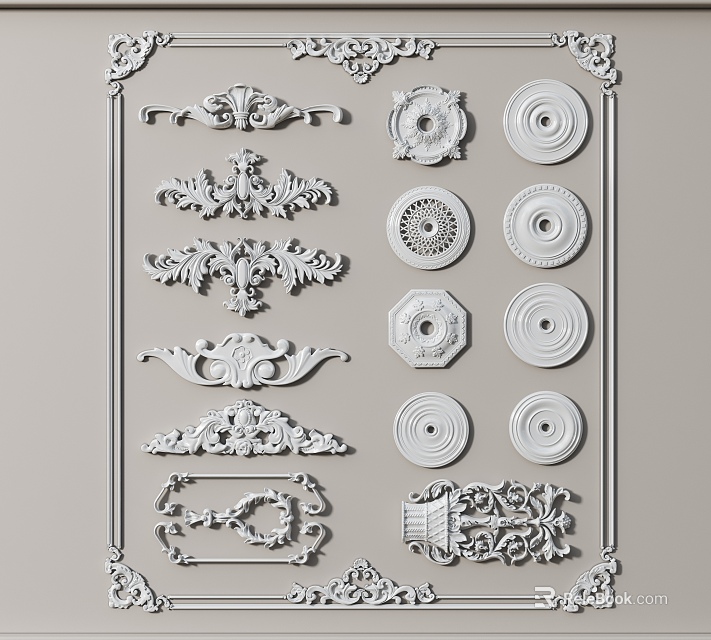 Traditional Ornate Carved Decorative Pieces With Various Intricate Patterns For Interior Decoration 3d model 