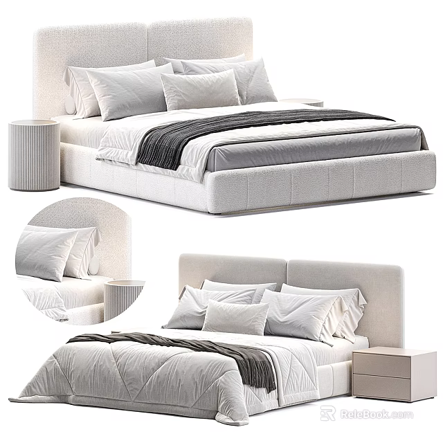 Modern Double Bed With Upholstered Headboard Multiple Pillows And Bedside Table 3d model 