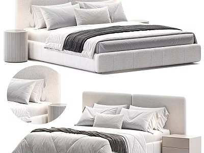 Modern Double Bed With Upholstered Headboard Multiple Pillows And Bedside Table 3d model