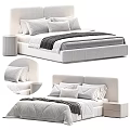 Modern Double Bed With Upholstered Headboard Multiple Pillows And Bedside Table 3d model