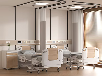 Modern Medical Devices Featuring Hospital Beds In Hospital Ward With Curtains Window And Wooden Floor 3d model