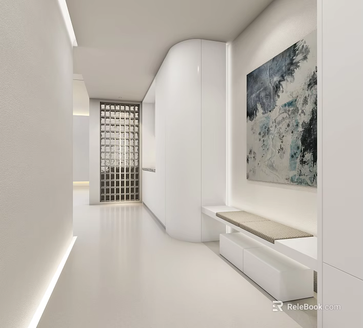 Basement Interior With White Tones Wine Rack Bench And Art 3d model