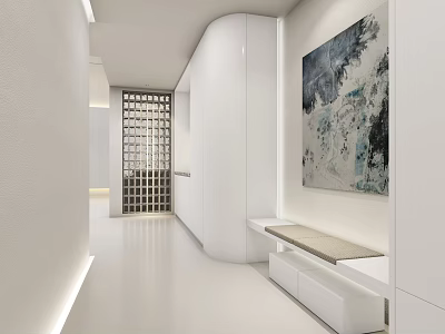 Basement Interior With White Tones Wine Rack Bench And Art 3d model