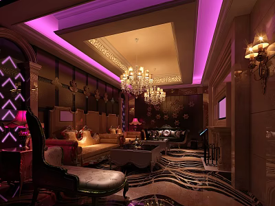 Luxurious KTV Interior With Purple Lighting Chandelier Sofas And Decorative Walls 3d model