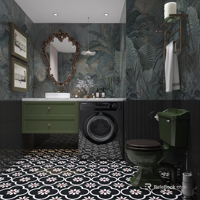Vintage Dark Green Bathroom Interior With Tropical Wallpaper Ornate Mirror And Patterned Floor Tiles 3d model 