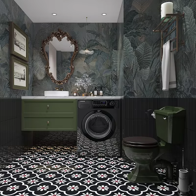 Vintage Dark Green Bathroom Interior With Tropical Wallpaper Ornate Mirror And Patterned Floor Tiles 3d model