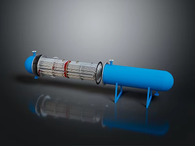 Blue Cylindrical Industrial Equipment With Silver Tubular Structure Red Rings And Blue Stands 3d model