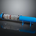 Blue Cylindrical Industrial Equipment With Silver Tubular Structure Red Rings And Blue Stands
