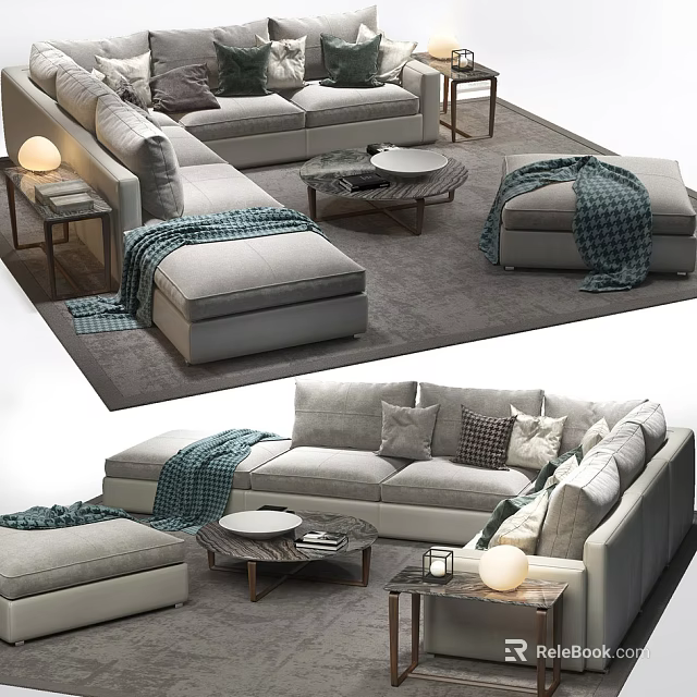 Cozy Modern Sofa Coffee Table Set with Pillows Blanket and Side Table Lamp 3d model