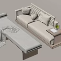 Modern Sofa And Bench Setup With Plush Pillows Soft Blanket And Small Plant 3d model